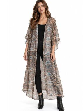Band of Gypsies Sheer Boho Kimono Duster Oversized Brown Blue Print